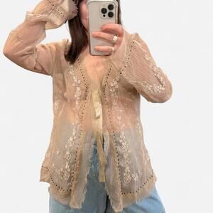 Vintage Y2K Sheer Embroidered Tie Front Blouse